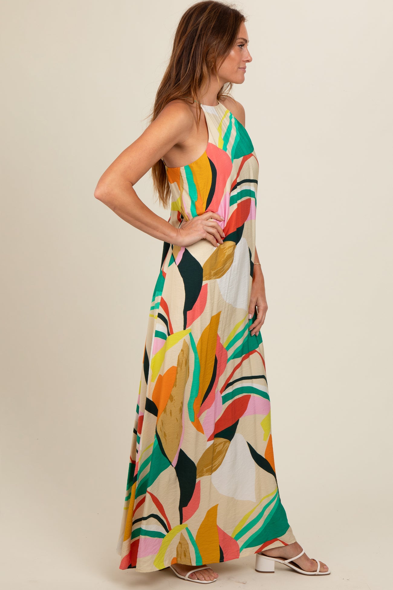 Multicolor Abstract Print Halter Maxi Dress