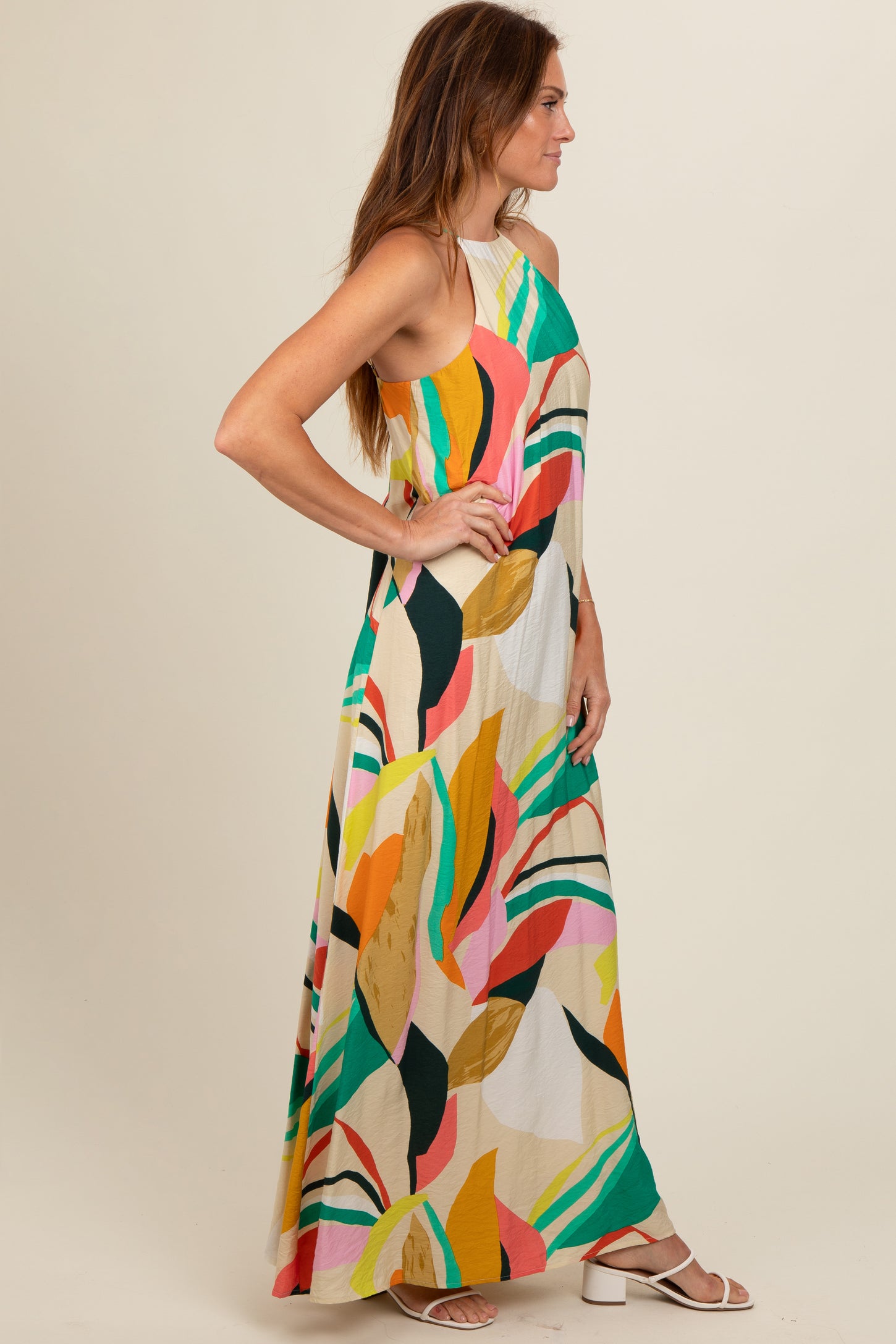 Multicolor Abstract Print Halter Maxi Dress