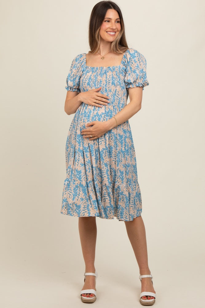 Blue Floral Puff Sleeve Smocked Chest Maternity Dress