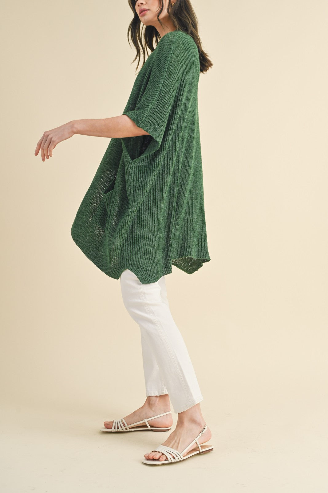 Forest Green Drop Shoulder Side Pocket 3/4 Sleeve Cardigan