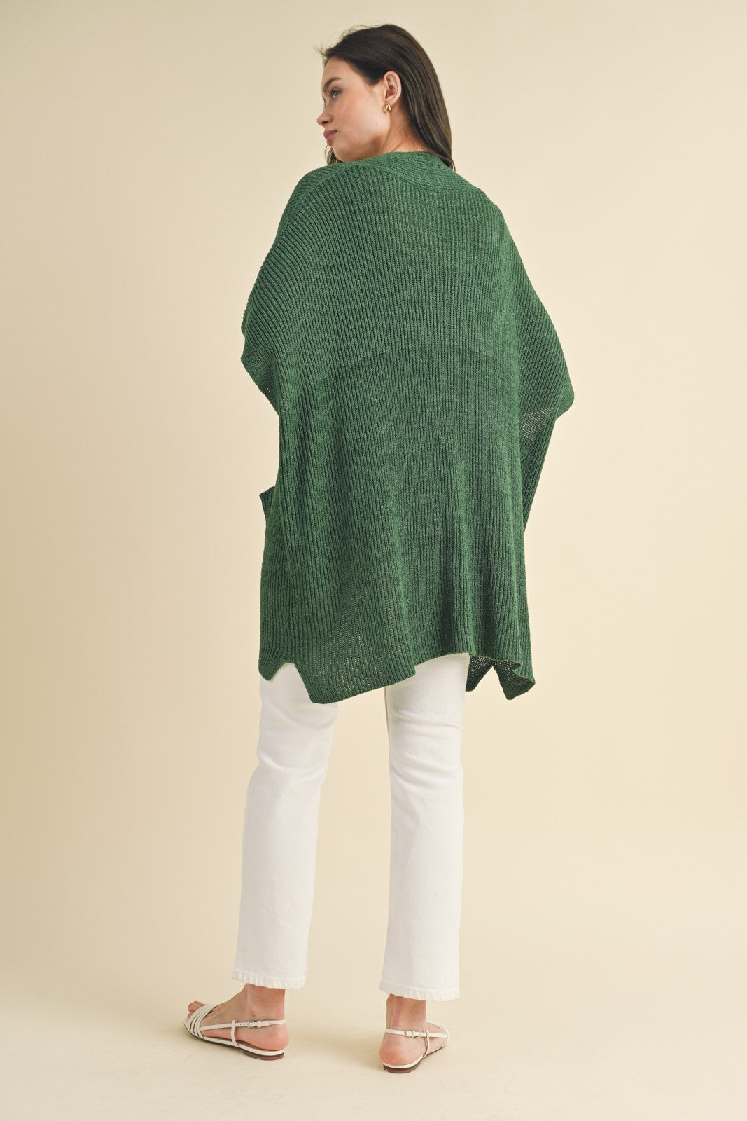 Forest Green Drop Shoulder Side Pocket 3/4 Sleeve Cardigan
