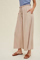 Beige Pleated Elastic Waist Wide Leg Crop Pants