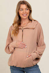 Mocha Waffle Knit Half Zip Relaxed Fit Maternity Hoodie