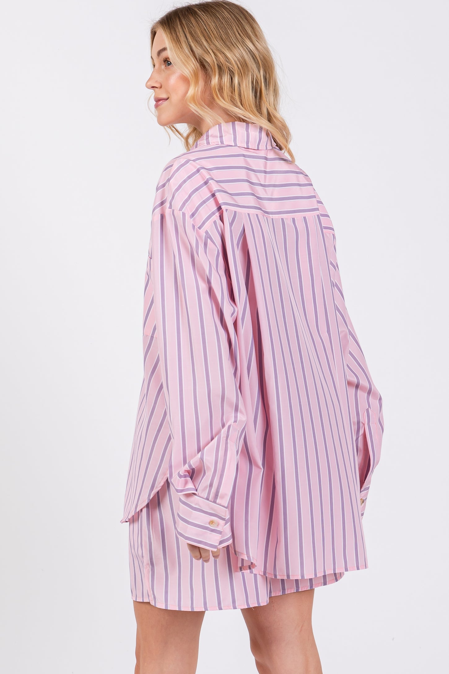 Pink Striped Button Down Top and Short Set