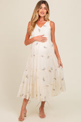 Lavender Ditsy Floral Embroidered V Neck Tiered Maternity Dress