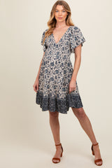 Navy Blue Floral Smocked V-Neck Tiered Maternity Dress