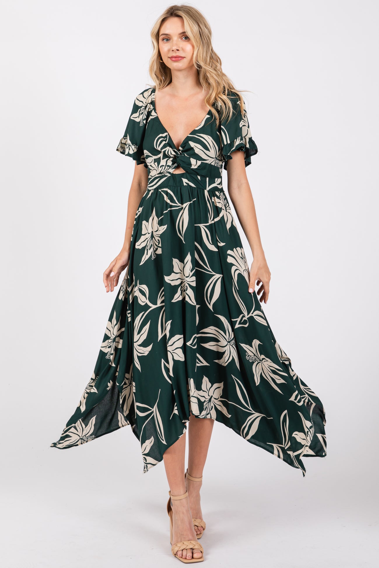 Forest Green Floral Knot Front Short Sleeve Asymmetrical Hem Maternity Maxi Dress