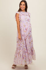 Lavender Floral Chiffon Ruffle Shoulder Tiered Maternity Maxi Dress