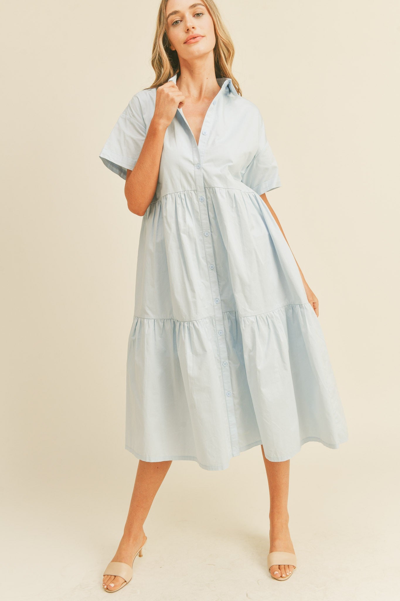 Light Blue Tiered Button Down Maternity Midi Dress
