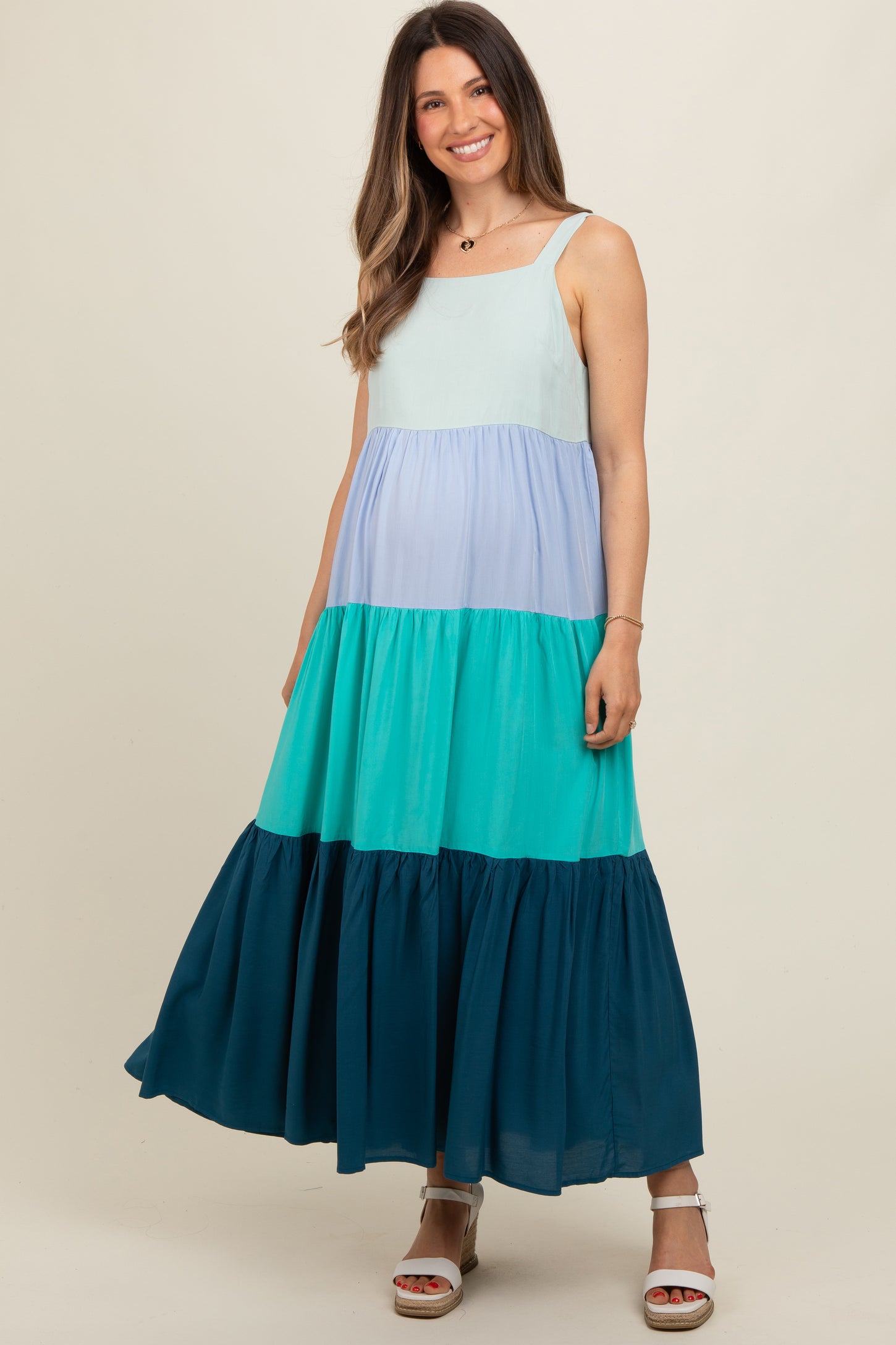Blue Tiered Colorblock Maternity Maxi Dress
