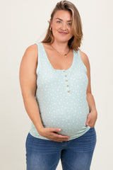 Mint Green Floral Ribbed Henley Maternity Plus Tank Top