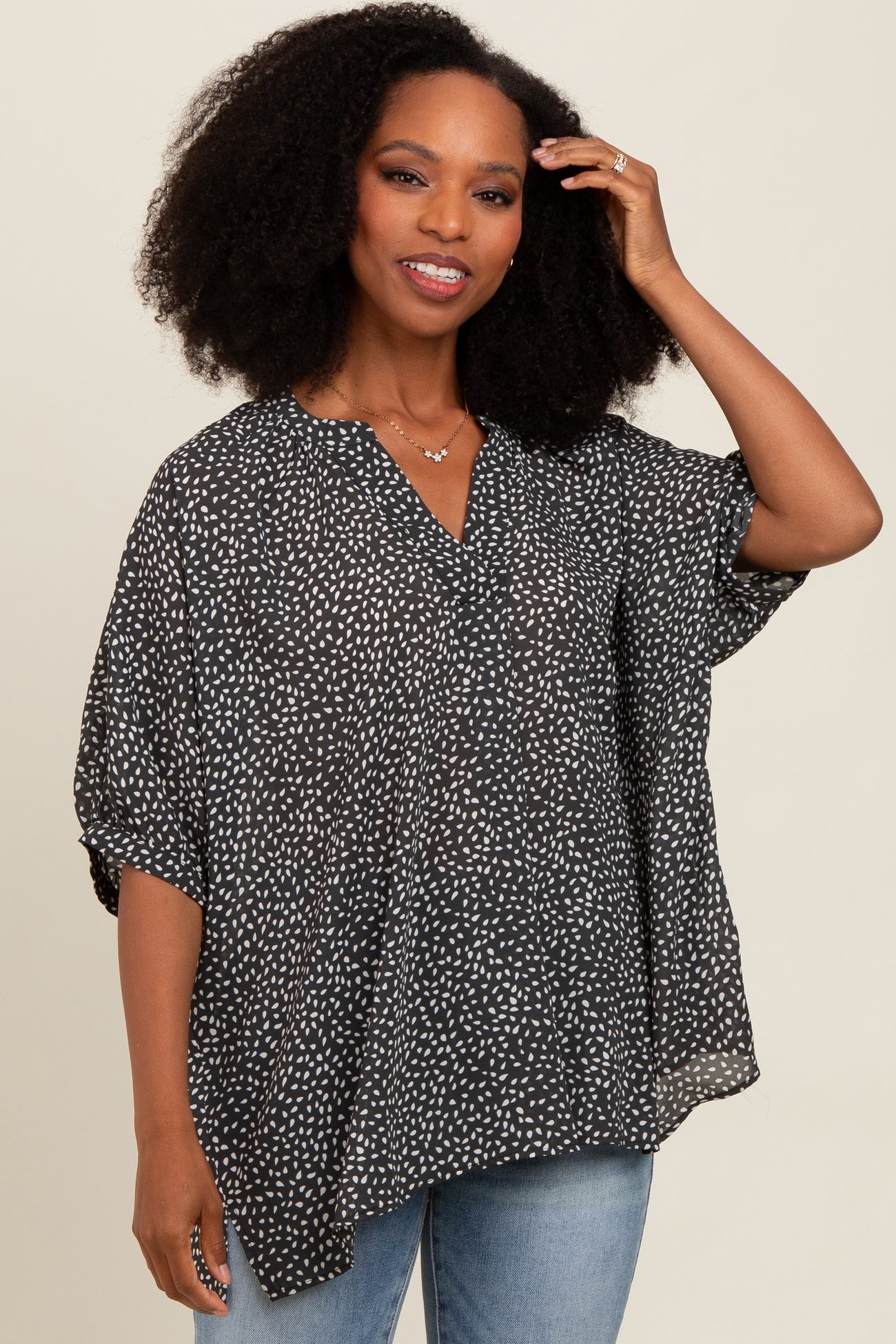 Charcoal Printed Dolman Sleeve Blouse