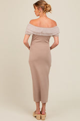 Beige Tulle Ruffle Off Shoulder Sweater Maternity Midi Dress