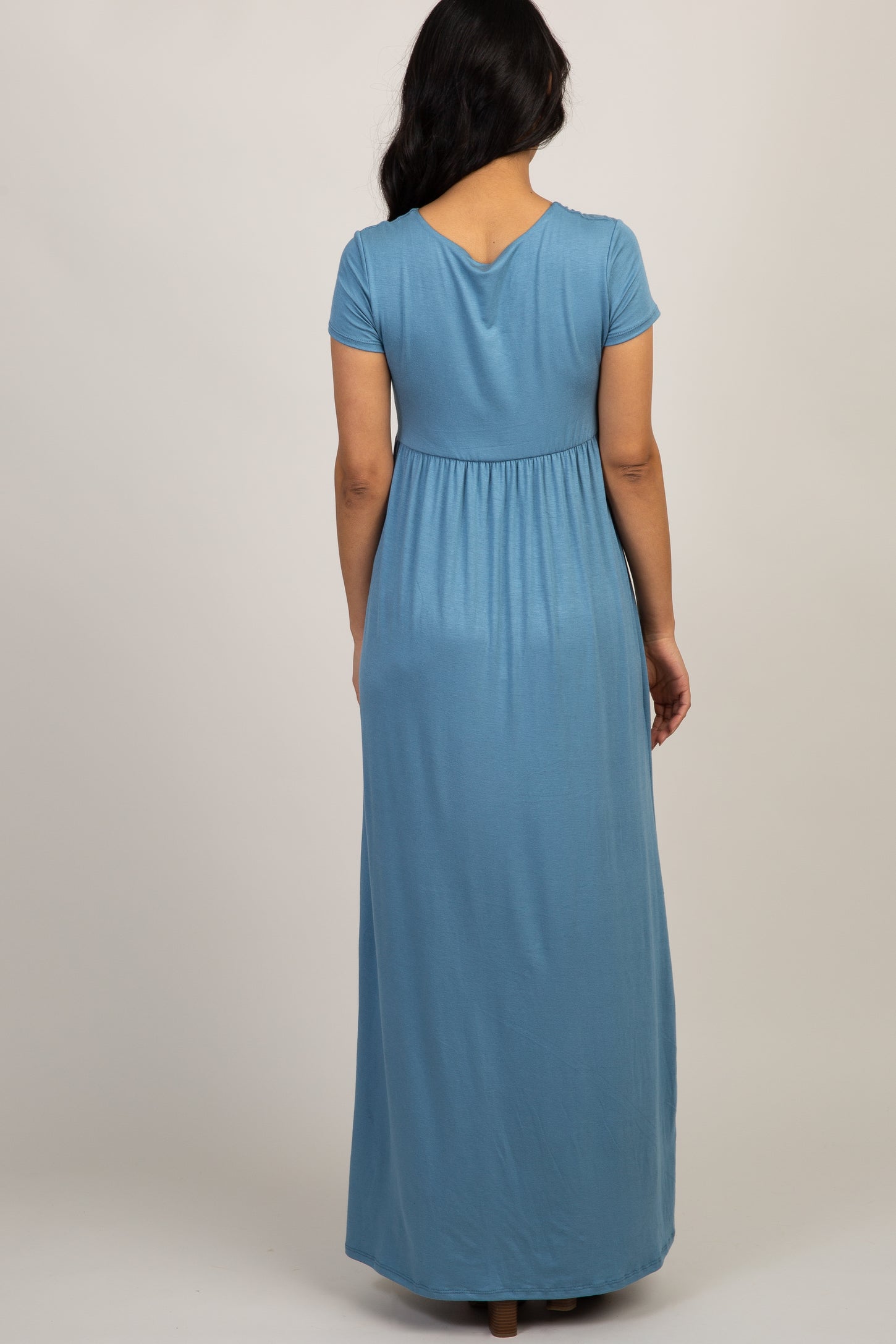 PinkBlush Petite Blue Draped Maternity/Nursing Maxi Dress
