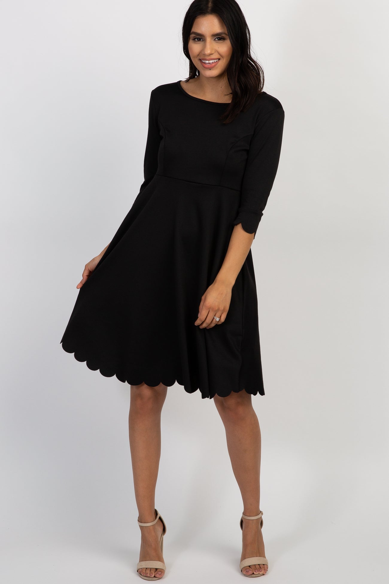 PinkBlush Black Solid Scalloped Hem Maternity Dress