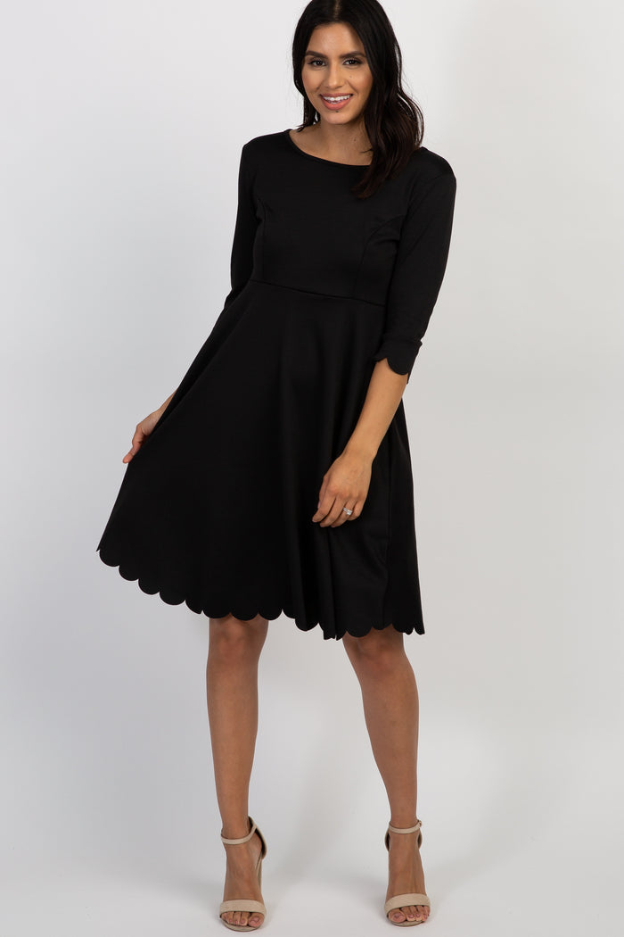 PinkBlush Black Solid Scalloped Hem Maternity Dress