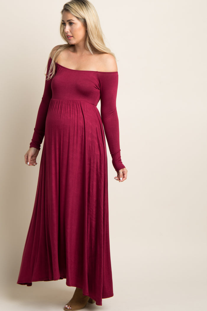 Dark Burgundy Solid Off Shoulder Maternity Maxi Dress