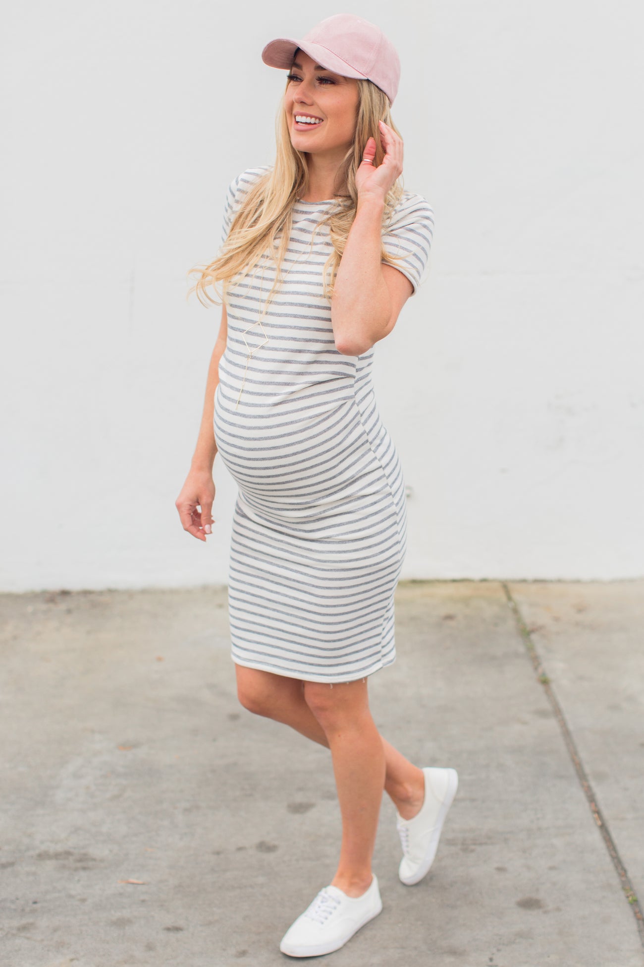 PinkBlush Petite Ivory Striped Fitted Short Sleeve Maternity Dress