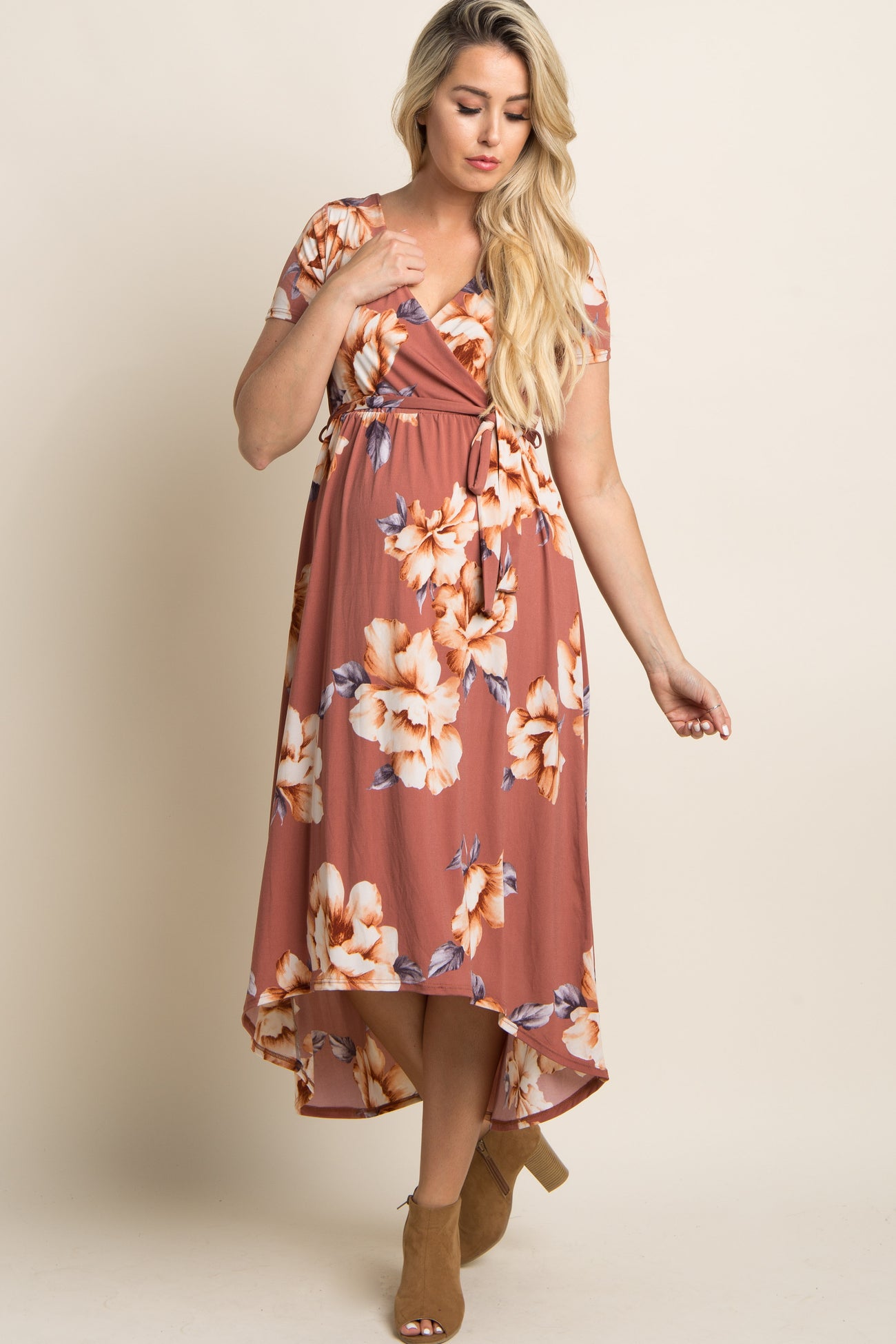 Rust Floral Hi-Low Maternity Wrap Dress