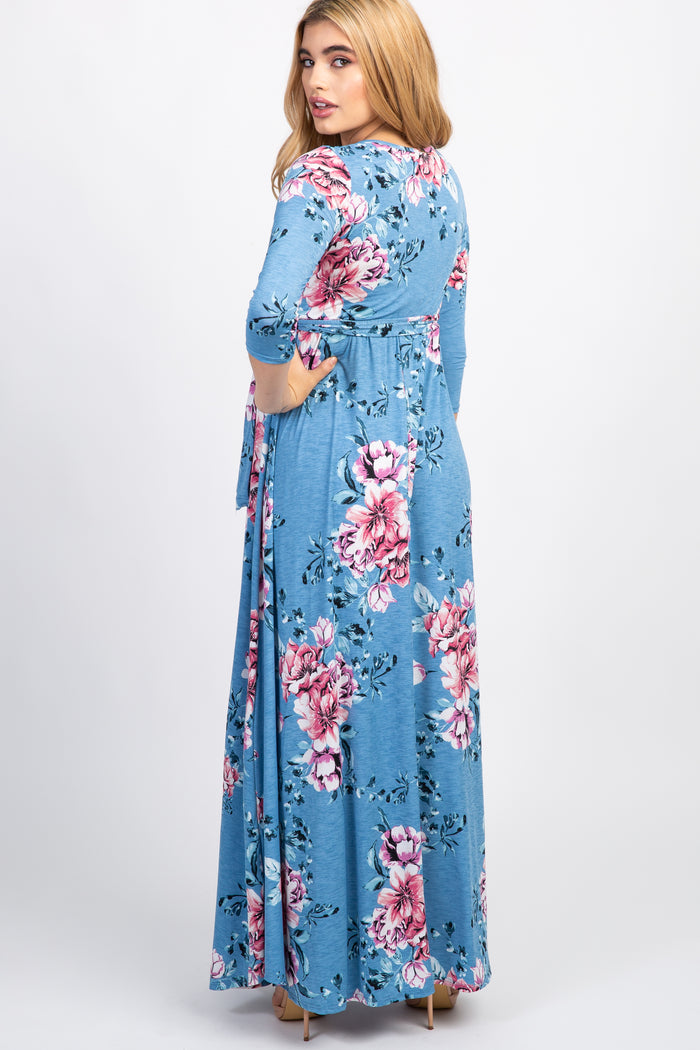 PinkBlush Blue Floral Sash Tie Maternity/Nursing Wrap Maxi Dress