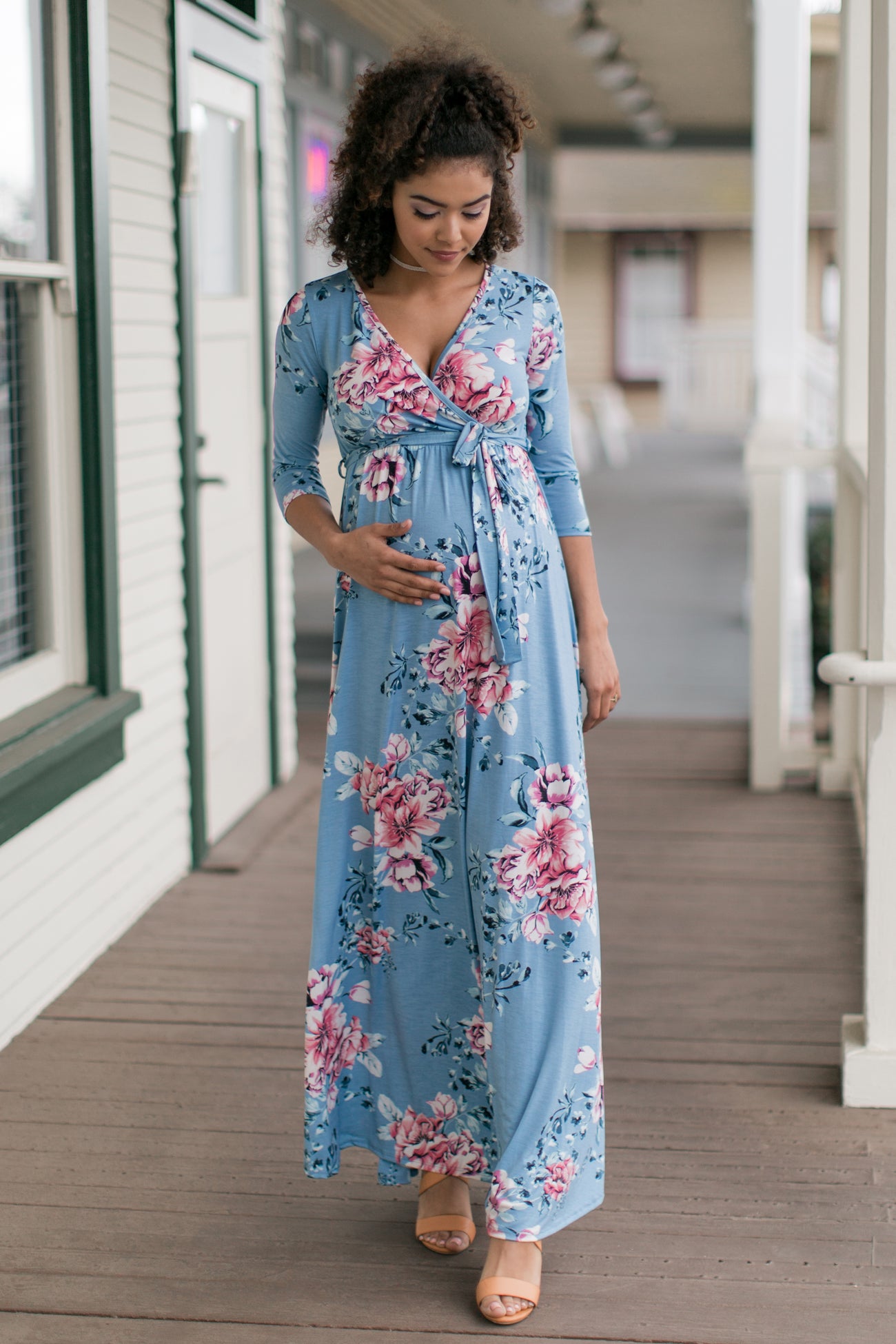 PinkBlush Blue Floral Sash Tie Maternity/Nursing Wrap Maxi Dress