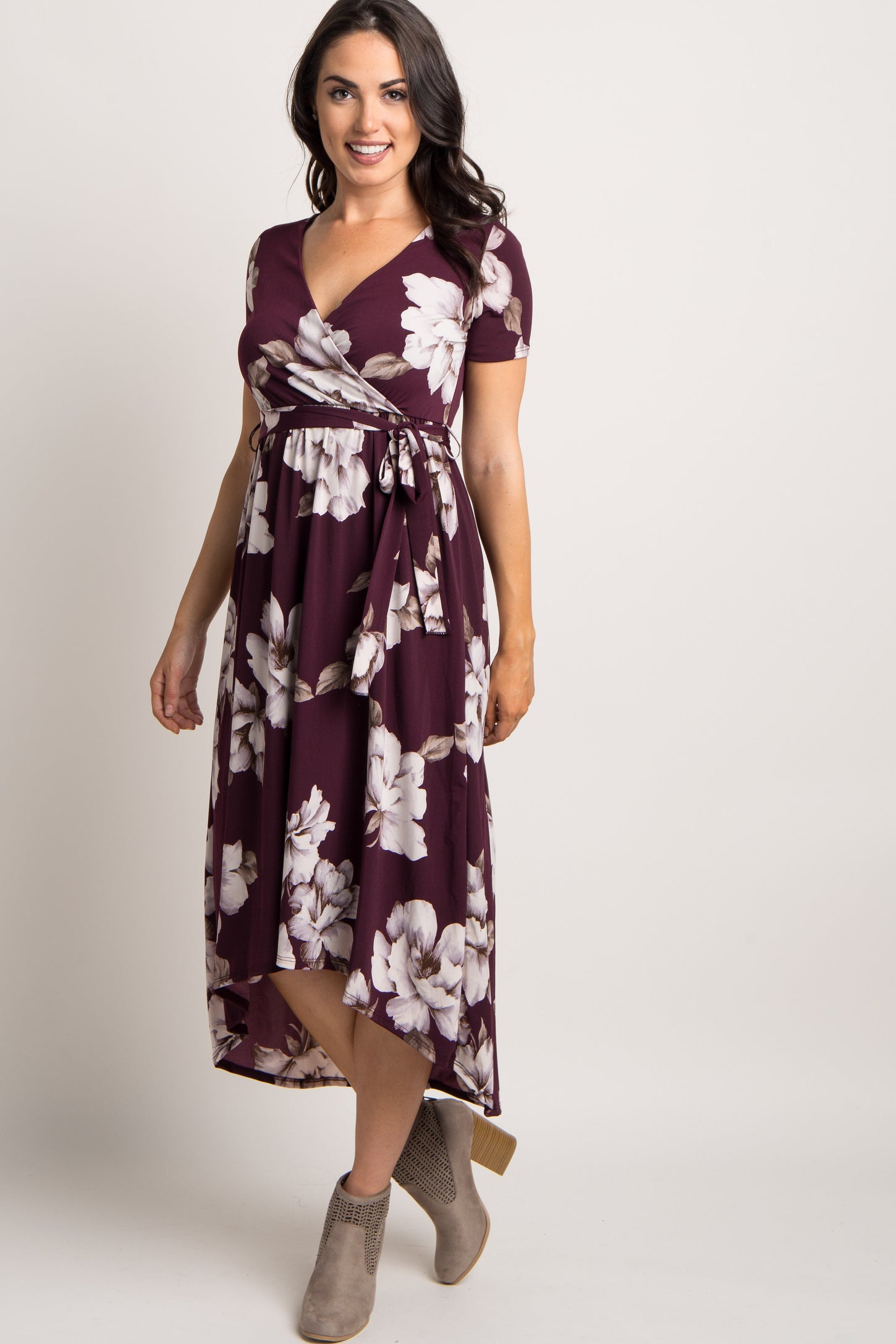 Plum Floral Hi-Low Wrap Dress