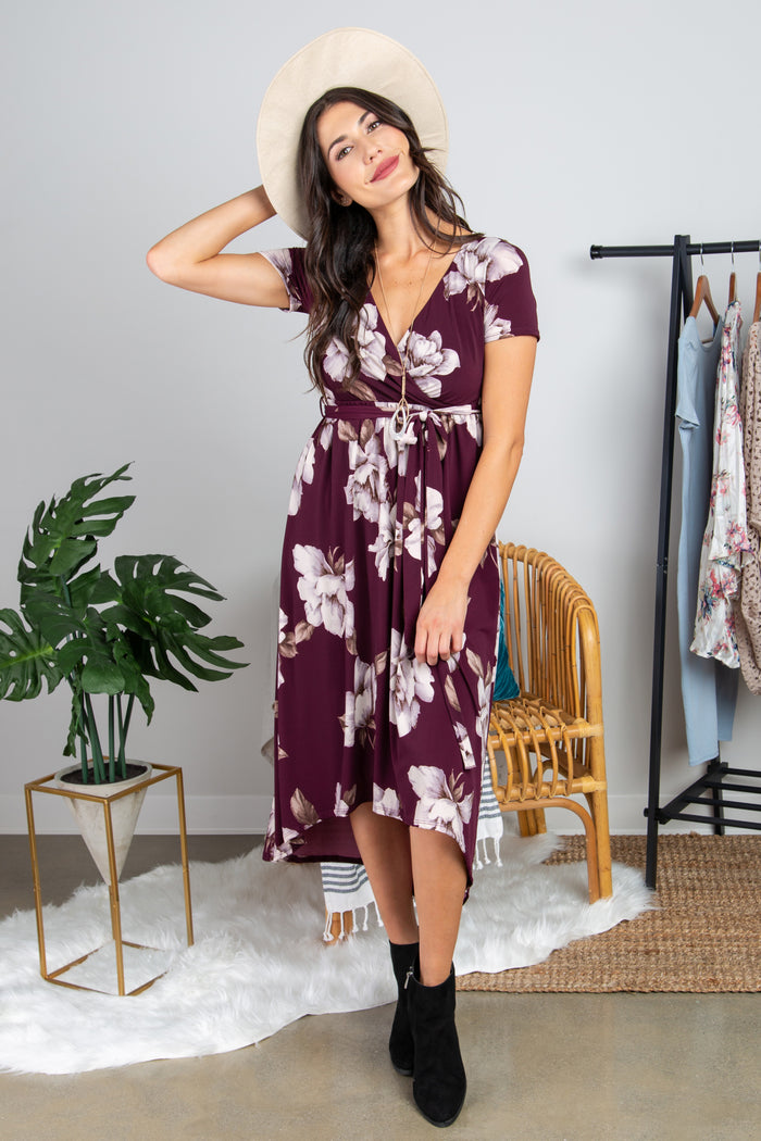 Plum Floral Hi-Low Wrap Dress
