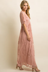 Light Pink Lace Mesh Overlay Maxi Dress
