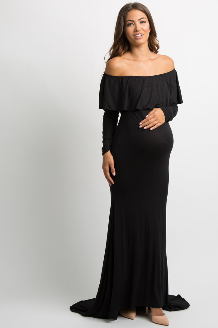 Black Off Shoulder Ruffle Maternity Photoshoot Gown/Dress