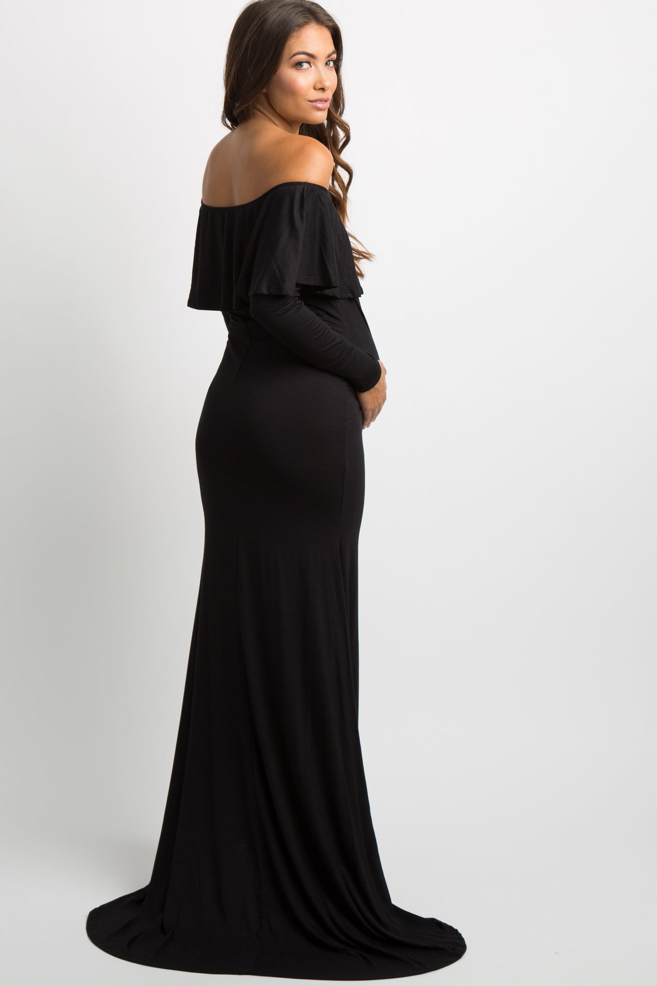 Black Off Shoulder Ruffle Maternity Photoshoot Gown/Dress