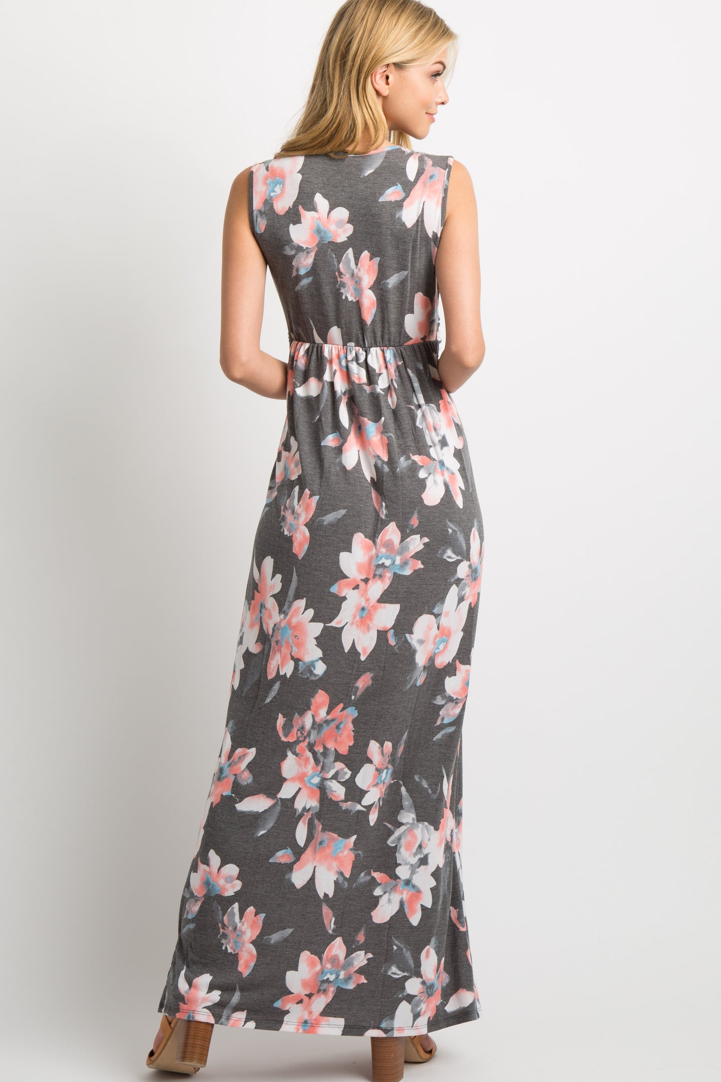 Charcoal Grey Floral Sleeveless Knot Front Maxi Dress