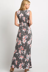 Charcoal Grey Floral Sleeveless Knot Front Maxi Dress