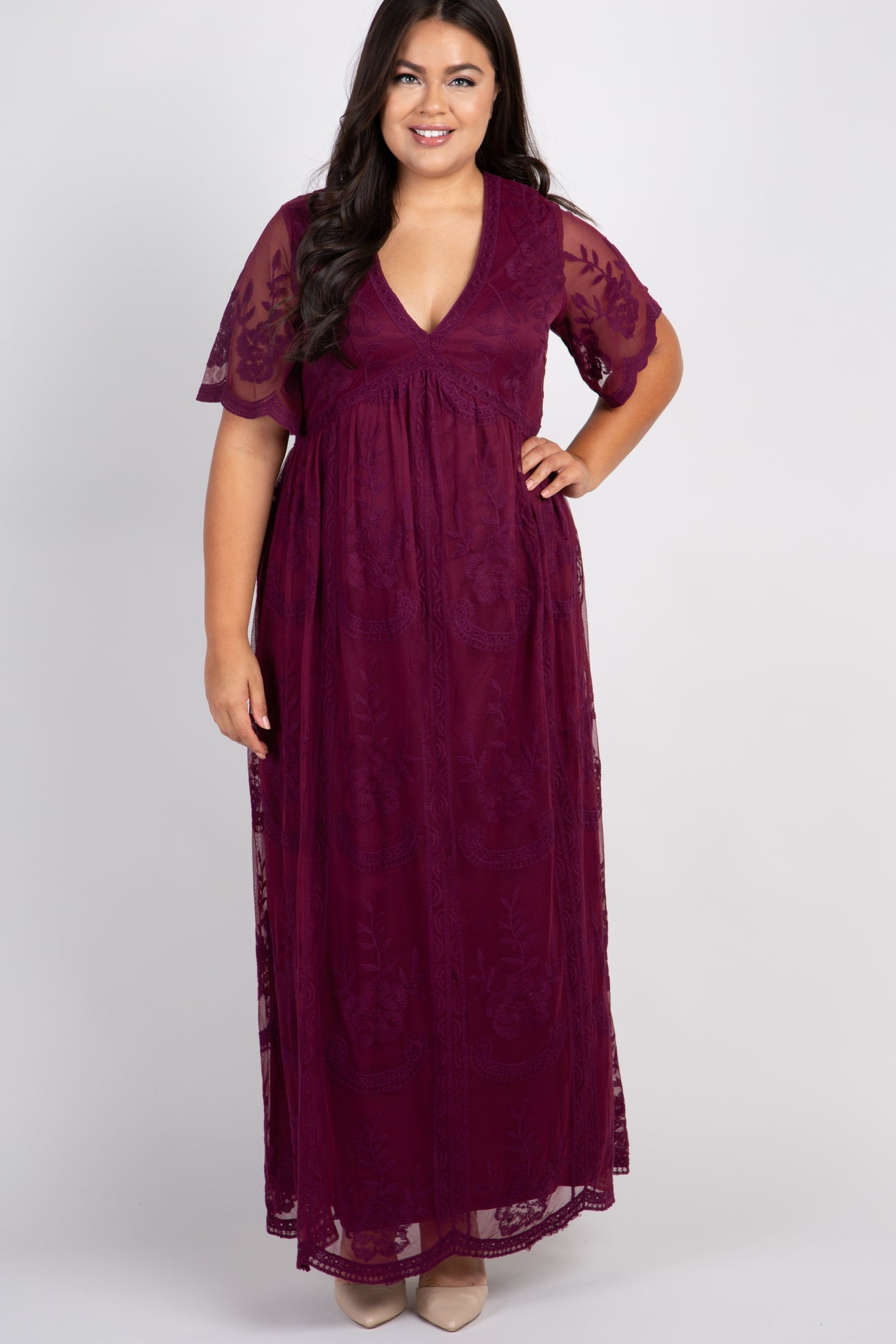 PinkBlush Burgundy Lace Mesh Overlay Plus Maternity Maxi Dress