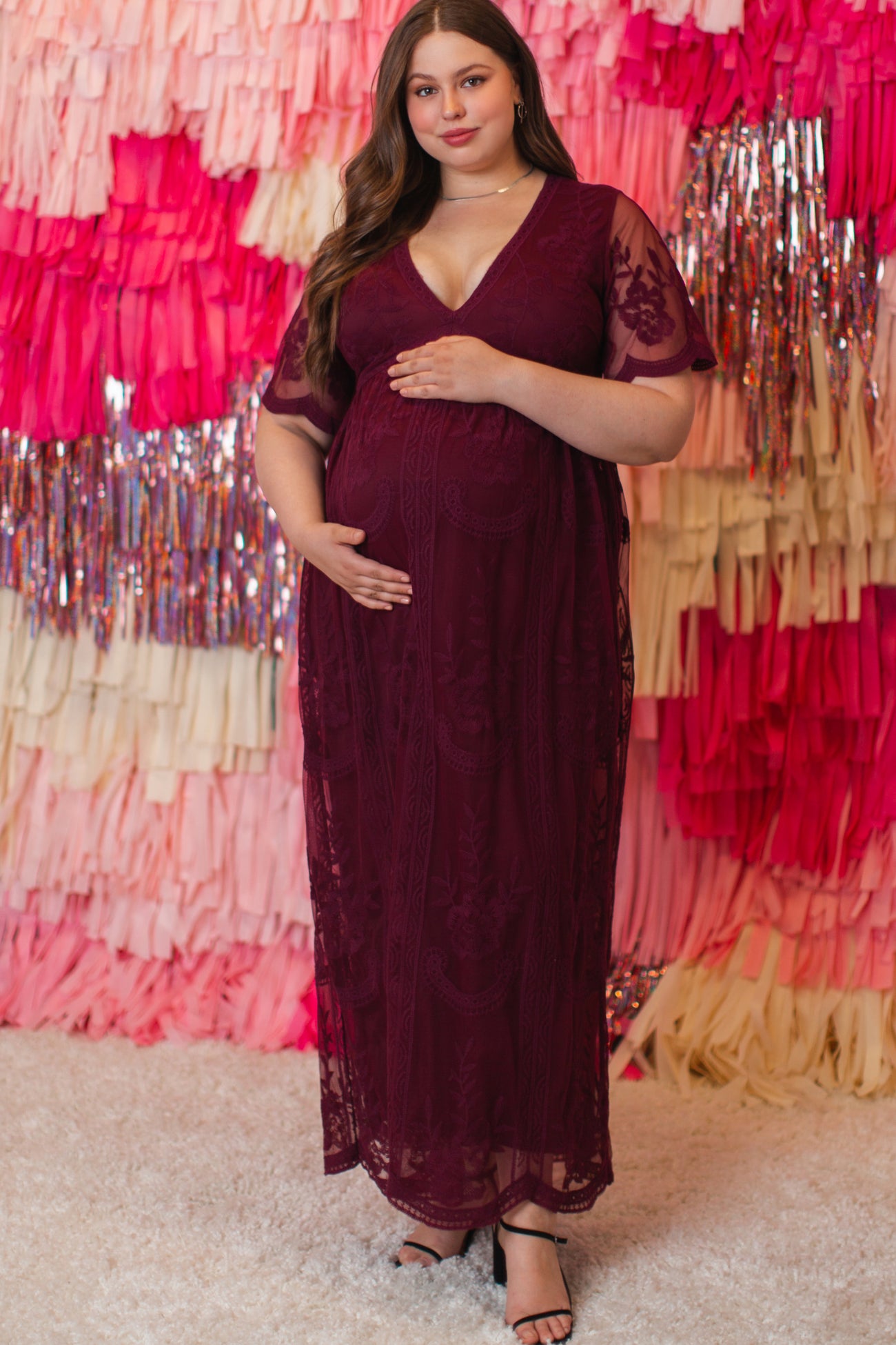 PinkBlush Burgundy Lace Mesh Overlay Plus Maternity Maxi Dress