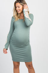 PinkBlush Dusty Sage Crochet Sleeve Ruched Maternity Dress