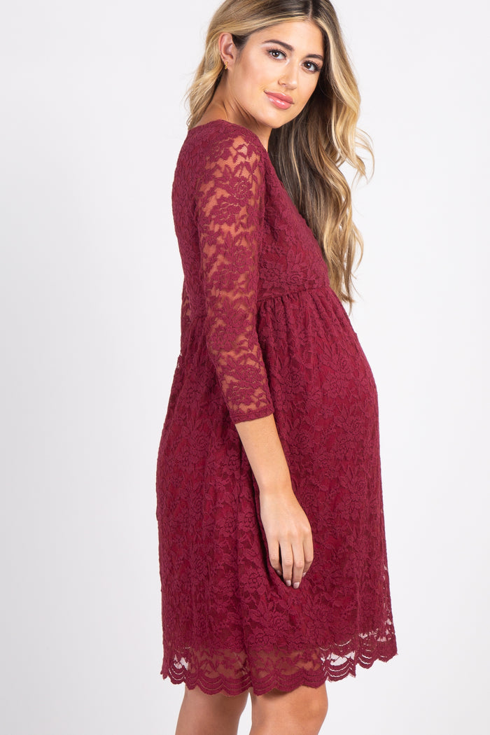 PinkBlush Burgundy Lace Overlay Maternity Wrap Dress