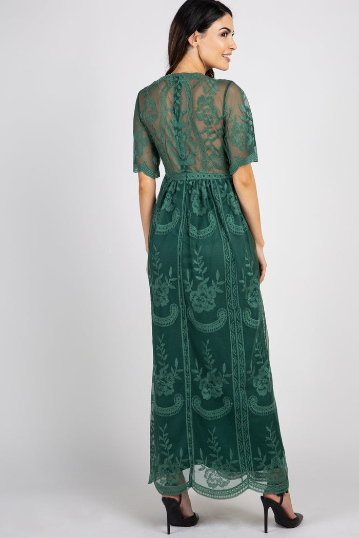 Teal Green Lace Mesh Overlay Maternity Maxi Dress