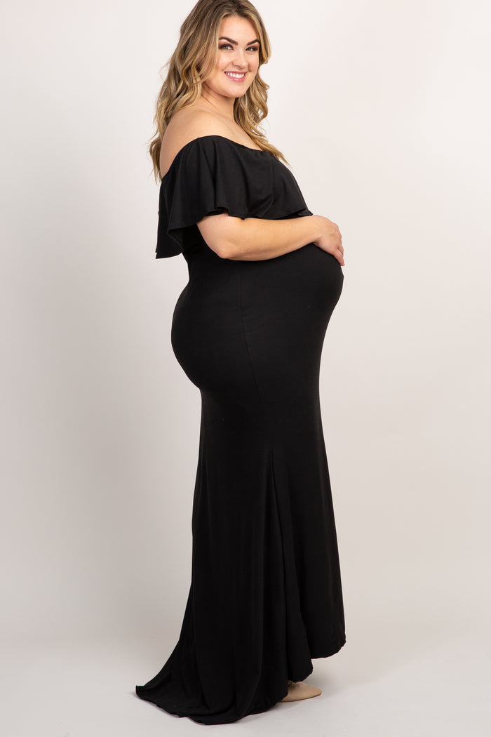 PinkBlush Black Ruffle Off Shoulder Mermaid Maternity Plus Photoshoot Gown/Dress
