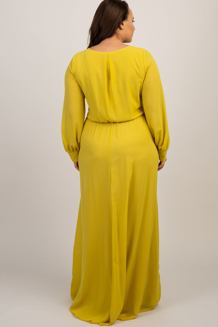 Yellow Chiffon Long Sleeve Plus Maxi Dress