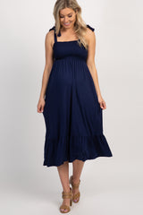 Navy Solid Self-Tie Smocked Maternity Midi Dress