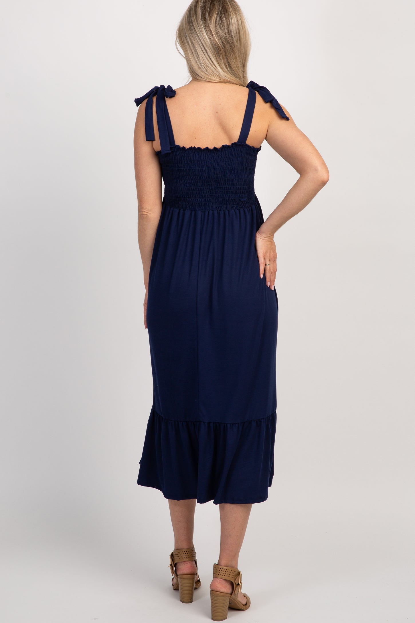 Navy Solid Self-Tie Smocked Maternity Midi Dress