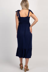 Navy Solid Self-Tie Smocked Maternity Midi Dress