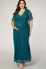 PinkBlush Teal Lace Mesh Overlay Plus Maternity Maxi Dress