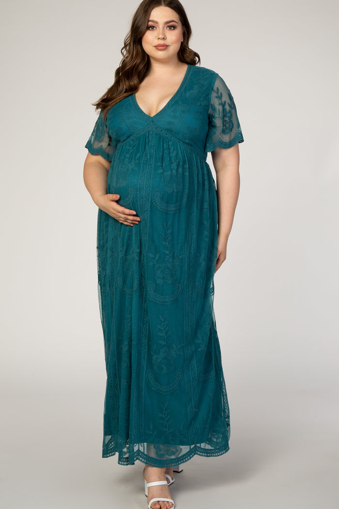 PinkBlush Teal Lace Mesh Overlay Plus Maternity Maxi Dress