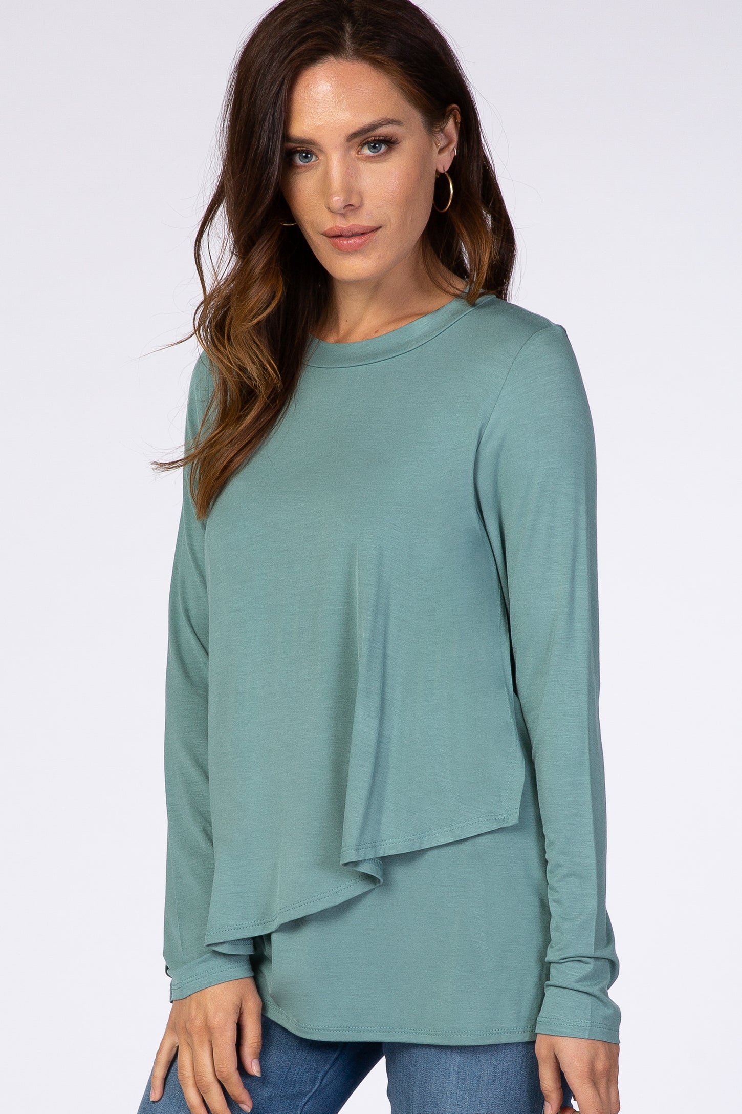 PinkBlush Light Olive Solid Layered Front Long Sleeve Maternity/Nursing Top