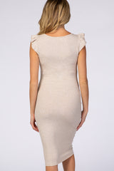 Beige Flounce Sleeve Ribbed Maternity Dress