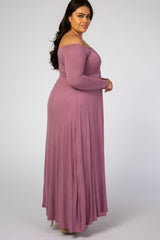 Mauve Solid Off Shoulder Plus Maxi Dress
