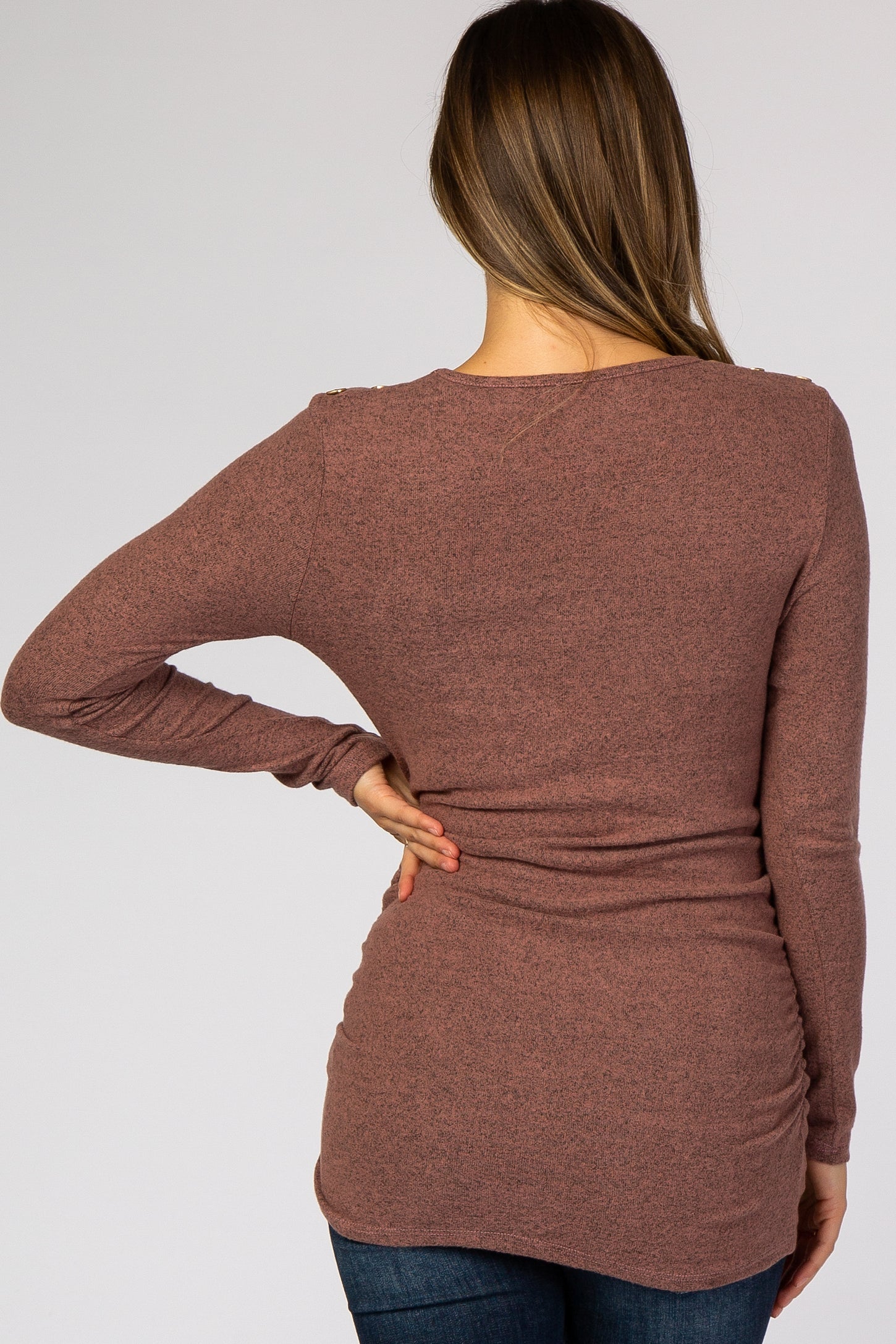 Mauve Soft Knit Button Shoulder Ruched Side Maternity Top