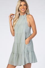 Mint Green Mock Neck Ruffle Tiered Linen Dress