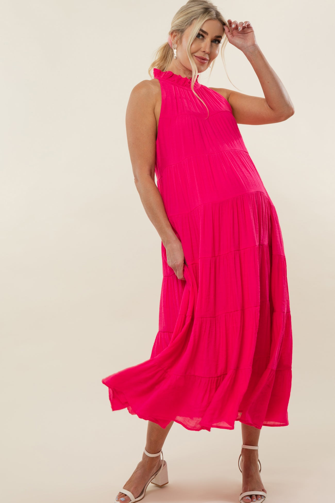 Fuchsia Tiered High Neck Maternity Maxi Dress